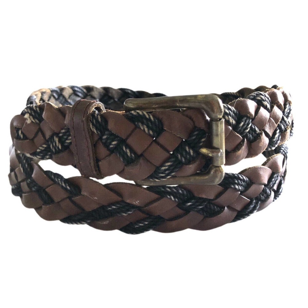 Men's Argentina Leather Braided Belt Black Twine Brown Brass Buckle Mens 38